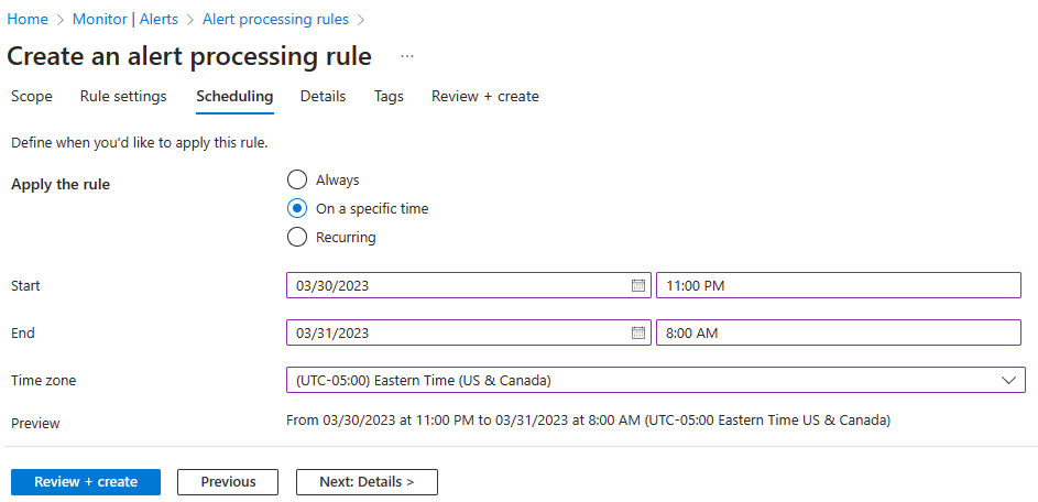 Azure Monitor alert processing rule view used in the Azure Administration Lab Platform project