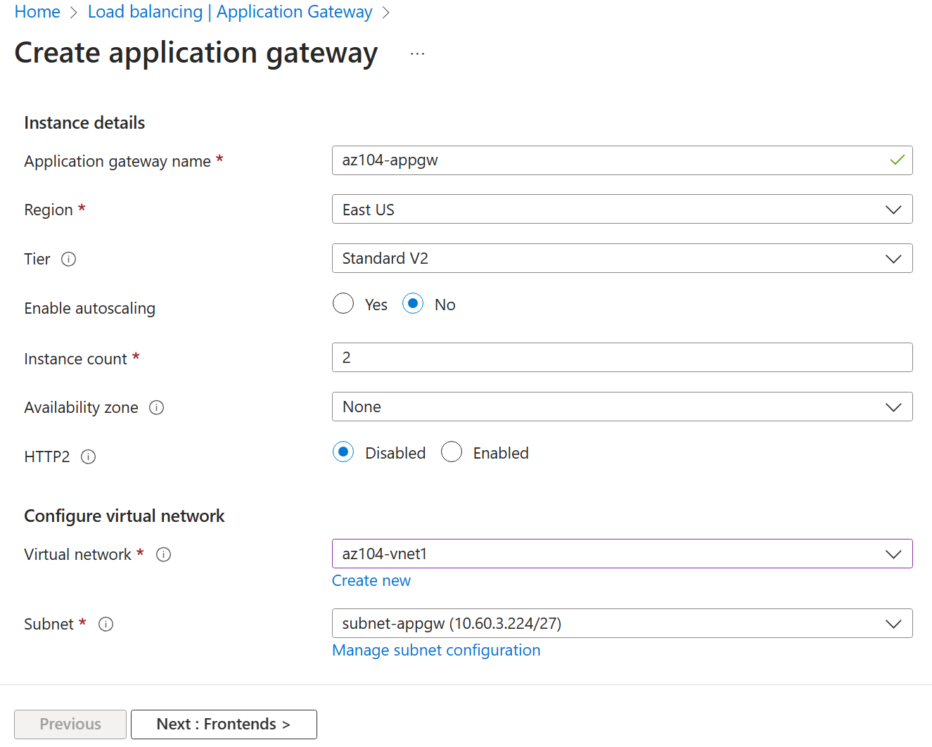 Azure Application Gateway creation view used in the Azure Administration Lab Platform project