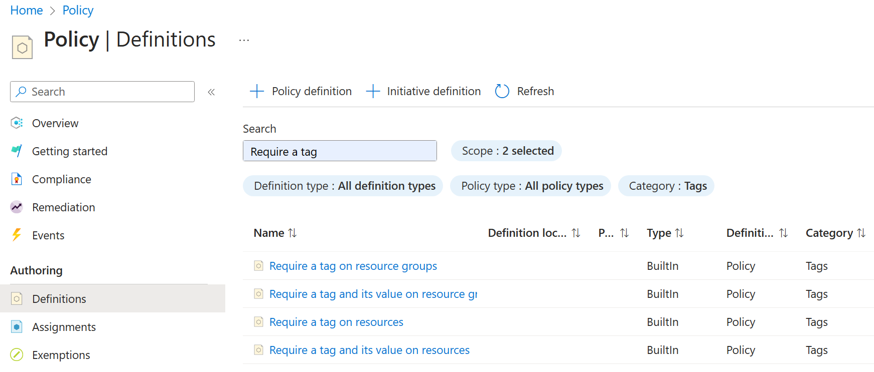 Azure Policy definitions view used in the Azure Administration Lab Platform project