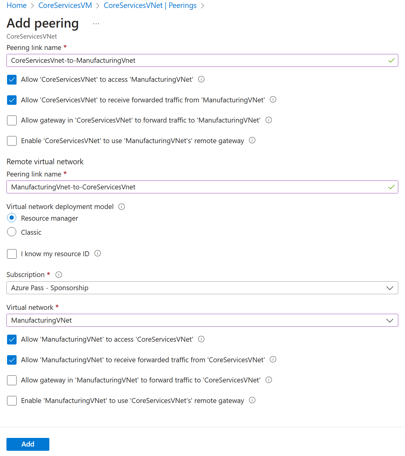 Azure virtual network peering configuration used in the Azure Administration Lab Platform project