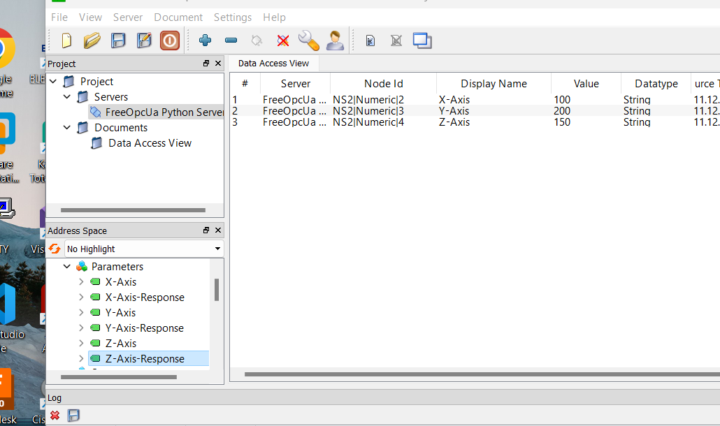 UaExpert axis monitoring view from the FarmBot OPC UA Control Integration project