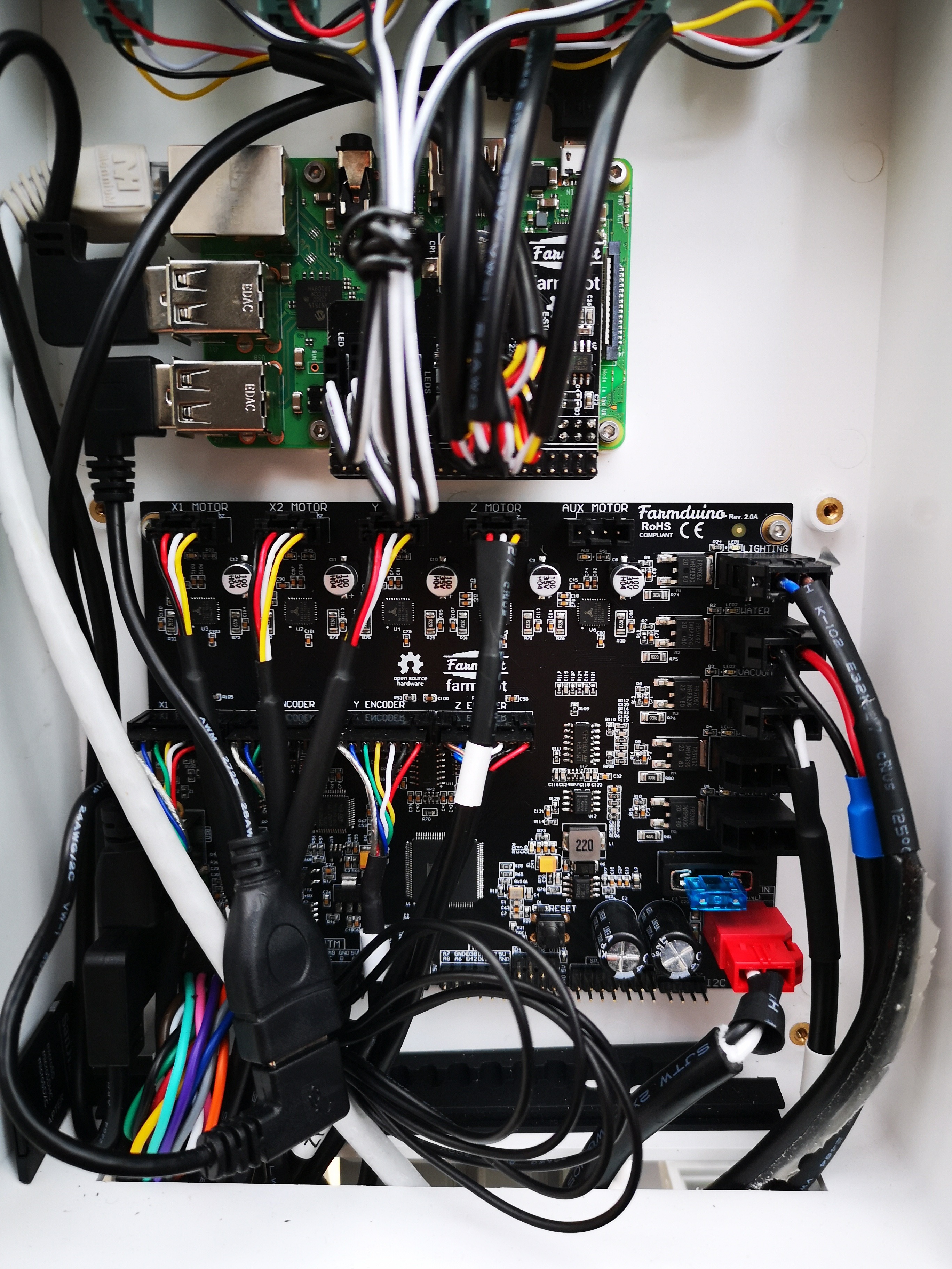 Controller wiring inside the FarmBot prototype